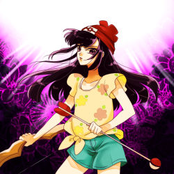 Rule 34 | 1girl, arrow (projectile), bow (weapon), collarbone, creatures (company), eyelashes, flat chest, floral background, floral print, game freak, green shorts, hibikileon, holding, holding arrow, holding bow (weapon), holding weapon, long hair, looking at viewer, nintendo, pokemon, pokemon adventures, purple background, purple eyes, purple hair, selene (pokemon), serious, shirt, short sleeves, shorts, solo, standing, tied shirt, upper body, weapon, yellow shirt