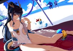 Rule 34 | 1girl, 2boys, bad id, bad pixiv id, beach, black hair, breasts, day, dragon boy, dragon girl, dragon horns, dragon tail, dutch angle, frilled swimsuit, frills, furry, furry male, highleg, highleg swimsuit, highres, horns, large breasts, long hair, looking at viewer, monster boy, multiple boys, one-piece swimsuit, original, ponytail, red eyes, sakuraidai, scales, shorts, sitting, smile, swimsuit, tail, water