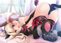 Rule 34 | 1girl, all fours, animal ears, animal hands, ass, backless leotard, bad id, bad twitter id, bare shoulders, bell, black leotard, black thighhighs, blush, breasts, cat ears, cat tail, center opening, curtains, dangerous beast (illya), fate/kaleid liner prisma illya, fate (series), fur collar, fur trim, gloves, hair between eyes, hair ribbon, illyasviel von einzbern, jingle bell, leotard, long hair, looking at viewer, maruchan., official alternate costume, on bed, open mouth, paw gloves, paw shoes, pillow, red eyes, red ribbon, ribbon, shoes, small breasts, smile, solo, tail, thighhighs, thighs, top-down bottom-up, white hair, window