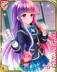 Rule 34 | 1girl, blue bow, blue jacket, blue skirt, bow, card, character name, closed mouth, comb, girlfriend (kari), holding, indoors, jacket, japanese text, long hair, multicolored hair, niigaki hina, official art, pink hair, plaid, plaid skirt, pouch, purple eyes, purple hair, qp:flapper, scissors, shirt, skirt, smile, solo, tagme, white shirt, whiteboard