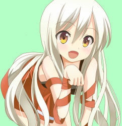 Rule 34 | 1girl, :d, all fours, bare shoulders, black shirt, breasts, chiya (urara meirochou), commentary request, fang, green background, hair between eyes, long hair, looking at viewer, open mouth, paw pose, red skirt, shirt, sidelocks, simple background, skirt, sleeveless, sleeveless shirt, small breasts, smile, solo, tank top, tk (tk47773), urara meirochou, very long hair, white hair, yellow eyes