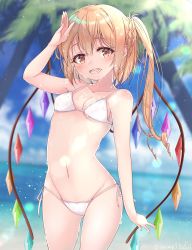 Rule 34 | 1girl, absurdres, arm up, artist name, bare arms, bare shoulders, bikini, blonde hair, blue sky, blurry, blurry background, blush, braid, breasts, brown eyes, cloud, collarbone, commentary request, cowboy shot, crystal, day, flandre scarlet, gluteal fold, groin, hair between eyes, haruki (colorful macaron), highres, lens flare, light particles, long hair, looking at viewer, navel, no headwear, one side up, open mouth, outdoors, sky, small breasts, solo, standing, stomach, string bikini, swimsuit, thighs, touhou, twitter username, white bikini, wings