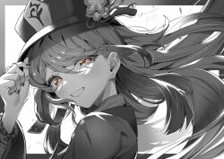 Rule 34 | 1girl, artist name, bracelet, commentary request, flower, flower-shaped pupils, genshin impact, grin, hand up, hat, hat flower, highres, hu tao (genshin impact), jewelry, long hair, long sleeves, looking at viewer, monochrome, multiple rings, plum blossoms, porkpie hat, portrait, red eyes, ring, smile, solo, sukoyaka93, symbol-shaped pupils, teeth, twintails