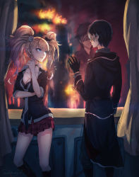 Rule 34 | 1boy, 1girl, bare legs, bear hair ornament, black bra, black coat, black footwear, black gloves, black hoodie, black neckwear, black shirt, blonde hair, blue eyes, boots, bra, breasts, burning, cleavage, coat, commentary request, covered eyes, curtains, danganronpa: trigger happy havoc, danganronpa (series), enoshima junko, feet out of frame, fire, from behind, gloves, hair ornament, hair over eyes, highres, hood, hoodie, jewelry, kaer sasi dianxia, large breasts, long hair, looking afar, looking at another, looking to the side, multicolored hair, necklace, necktie, original, plaid, plaid skirt, reflection, school uniform, shirt, skirt, skyline, sleeves rolled up, smile, spoilers, twintails, underwear