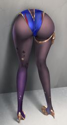 Rule 34 | 1girl, absurdres, ass, ass focus, bad id, bad pixiv id, bent over, black pantyhose, bound, cameltoe, crack, cracked wall, from behind, genshin impact, head out of frame, high heels, highres, huge ass, legs, leotard, lower body, mona (genshin impact), mvv, pantyhose, print pantyhose, purple pantyhose, shiny clothes, solo, stuck, thigh gap, thighs, through wall, wall