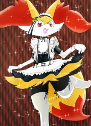 Rule 34 | 1girl, :3, animal ear fluff, animal ears, animal nose, apron, black bow, black choker, black dress, black fur, body fur, bow, braixen, choker, clothed pokemon, clothes lift, creatures (company), curtsey, detached sleeves, dress, dress lift, female focus, flat chest, fox ears, fox girl, fox tail, frilled apron, frilled choker, frilled sleeves, frills, furry, furry female, game freak, gen 6 pokemon, gluteal fold, hand up, happy, highres, ibutsu, leg up, lifted by self, looking at viewer, maid, maid apron, maid headdress, multicolored fur, neck fur, nintendo, open mouth, plaid, plaid background, pokemon, pokemon (creature), red background, red eyes, short dress, short sleeves, simple background, smile, snout, solo, sparkle, standing, standing on one leg, tail, thighhighs, white apron, white fur, white thighhighs, wrist cuffs, yellow fur