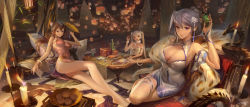 Rule 34 | 3girls, absurdres, aether gazer, ass, bangle, bare shoulders, barefoot, blue dress, blue eyes, blue nails, bracelet, breasts, brown hair, candle, center opening, character request, china dress, chinese clothes, chopsticks, cleavage, crossed legs, cup, curtains, damiaodi, dress, flower, folded ponytail, folding fan, food, gradient dress, grey hair, hair bun, hair flower, hair ornament, halter dress, halterneck, hand fan, highres, holding, holding cup, huge filesize, indoors, jewelry, lantern, large breasts, legs, long hair, looking at viewer, lying, multiple girls, nail polish, no bra, one side up, paper lantern, pillow, pink dress, red eyes, ship, short dress, side slit, single hair bun, sky lantern, smile, strapless, strapless dress, table, thigh strap, twintails, very long hair, watercraft, white dress, white flower, white hair