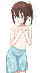 Rule 34 | 1girl, blue eyes, blue male swimwear, blush, brown hair, covering privates, covering breasts, crossdressing, embarrassed, hair between eyes, highres, male swimwear, male swimwear challenge, original, short hair, simple background, solo, sweat, swim trunks, takasuma hiro, topless, translated, white background