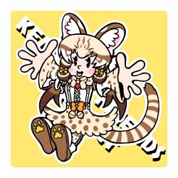 Rule 34 | 1girl, animal ears, extra ears, geoffroy&#039;s cat (kemono friends), highres, kemono friends, kemono friends v project, looking at viewer, r1chardroe, simple background, solo, tail, virtual youtuber, yellow background