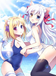 Rule 34 | 2girls, :d, aina rive, animal ears, black legwear, blonde hair, blue eyes, blush, breasts, cat ears, cat tail, covered navel, day, hair ribbon, heterochromia, long hair, looking at viewer, mauve, medium breasts, multiple girls, ocean, old school swimsuit, one-piece swimsuit, open mouth, original, pink eyes, ribbon, school swimsuit, short hair, small breasts, smile, striped clothes, striped legwear, striped thighhighs, swimsuit, tail, tail ornament, tail ribbon, thighhighs, white hair, white one-piece swimsuit, white school swimsuit, yellow eyes