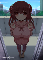 Rule 34 | 1girl, apartment, blurry, blurry background, blush, boots, breasts squeezed together, breasts, brown eyes, brown footwear, brown hair, cityscape, closed mouth, collarbone, doorway, dress, ebina nana, fingernails, flying sweatdrops, foreshortening, full body, hair between eyes, hands up, highres, himouto! umaru-chan, large breasts, long fingernails, long hair, looking at viewer, nail polish, nervous, outdoors, pantyhose, pink dress, pink nails, pov doorway, purple pantyhose, purple thighhighs, shade, solo, striped, tareme, thighhighs, twintails, virus-g, wavy hair