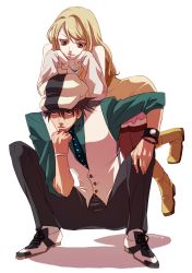 Rule 34 | 10s, 1boy, 1girl, bare shoulders, blonde hair, boots, bracelet, brown eyes, brown hair, brown thighhighs, byon, cabbie hat, detached sleeves, facial hair, hat, jewelry, kaburagi t. kotetsu, karina lyle, long hair, necklace, necktie, on head, person on head, short hair, squatting, stubble, thighhighs, tiger &amp; bunny, vest, waistcoat, watch, wristwatch, zettai ryouiki