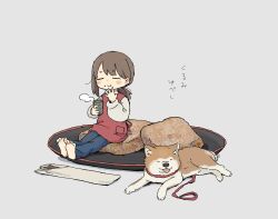 Rule 34 | 156m, 1girl, barefoot, blue pants, blush, brown hair, closed eyes, closed mouth, cup, dog, eating, full body, grey background, highres, holding, holding cup, leash, long hair, long sleeves, original, pants, pillow, ponytail, shiba inu, shirt, simple background, sitting, solo, steam, tongue, tongue out, white shirt