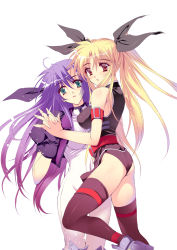 Rule 34 | 00s, 2girls, ass, blonde hair, blush, breast press, breasts, fate testarossa, fate testarossa (true sonic form), ginga nakajima, green eyes, hair ribbon, long hair, lyrical nanoha, mahou shoujo lyrical nanoha, mahou shoujo lyrical nanoha strikers, multiple girls, purple hair, red eyes, ribbon, symmetrical docking, tamiya akito, thighhighs, twintails