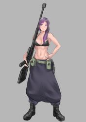 Rule 34 | 1girl, abs, ankle boots, anti-materiel rifle, bare arms, bare shoulders, belt, belt pouch, bikini, black bikini, black footwear, blue eyes, boots, breasts, closed mouth, full body, gradient hair, grey background, grey pants, gun, hair over shoulder, hand on own hip, highres, holding, holding gun, holding weapon, kilye kairi, large breasts, looking at viewer, multicolored hair, navel, original, pants, pants tucked in, pouch, puffy pants, purple hair, rifle, simple background, smile, sniper rifle, solo, standing, swimsuit, toned, weapon