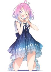 Rule 34 | 1girl, ahoge, blue dress, candy hair ornament, crown, dress, food-themed hair ornament, gradient hair, hair ornament, hairclip, highres, himemori luna, himemori luna (sundress), hololive, kanzaki hiro, mini crown, multicolored hair, official alternate costume, one eye closed, open mouth, pink hair, purple eyes, purple hair, short hair, smile, solo, virtual youtuber