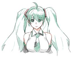 Rule 34 | 1girl, ahoge, bare shoulders, blush, breasts, commentary, detached sleeves, green eyes, green hair, green necktie, hatsune miku, large breasts, long sleeves, looking at viewer, necktie, parted lips, shirt, simple background, sketch, solo, tachibana roku, twintails, upper body, vocaloid, white background