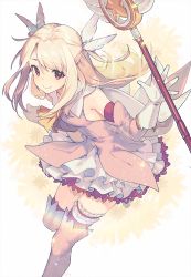 Rule 34 | 1girl, bare shoulders, blonde hair, boots, bridal garter, closed mouth, commentary request, detached sleeves, dress, fate/kaleid liner prisma illya, fate (series), feet out of frame, floating hair, frilled dress, frills, gloves, hair ornament, hand up, holding, holding staff, illyasviel von einzbern, leaning forward, leg up, light, long hair, long sleeves, looking at viewer, nagu, pink dress, pink footwear, red eyes, sidelocks, smile, solo, staff, thigh boots, thighhighs, white background, white gloves, yellow neckwear