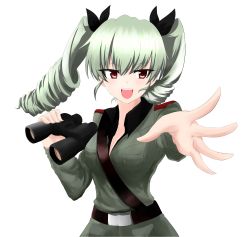 Rule 34 | 1girl, :d, absurdres, aikir (jml5160), anchovy (girls und panzer), anzio military uniform, belt, binoculars, black ribbon, blush, breasts, cleavage, cowboy shot, dated, drill hair, girls und panzer, highres, medium breasts, open mouth, outstretched hand, red eyes, ribbon, smile, solo, twin drills, white background