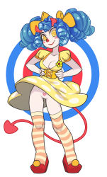 Rule 34 | + +, 1girl, blue hair, bottomless, bow, breasts, cleavage, cleft of venus, clown, demon, demon girl, demon horns, demon tail, dress, hair bow, hands on own hips, happy, highres, horns, lipstick, makeup, orange thighhighs, original, polka dot, polka dot dress, pubic tattoo, smile, split mouth, striped clothes, striped thighhighs, tail, tattoo, the pink pirate, thighhighs, upskirt, yellow dress, yellow eyes, yellow thighhighs