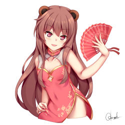 Rule 34 | 1girl, :d, absurdres, animal ears, bare shoulders, blush, borrowed character, breasts, brown hair, china dress, chinese clothes, chrisandita, commentary, cropped legs, dress, english commentary, folding fan, hand fan, highres, holding, holding fan, long hair, looking at viewer, open mouth, original, red dress, red eyes, signature, simple background, sleeveless, sleeveless dress, small breasts, smile, solo, very long hair, white background