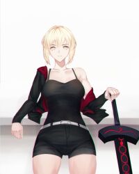Rule 34 | 1girl, artoria pendragon (all), artoria pendragon (fate), belt, black jacket, black shorts, black tank top, blonde hair, breasts, closed mouth, collarbone, fate/grand order, fate (series), holding, holding sword, holding weapon, jacket, jacket partially removed, leaning on object, lilyaholmes, long sleeves, looking at viewer, medium breasts, saber alter, saber alter (ver. shinjuku 1999) (fate), short hair, shorts, simple background, single bare shoulder, solo, sword, tank top, weapon, white background, yellow eyes
