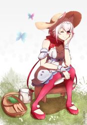 Rule 34 | 1girl, animal ear fluff, animal ears, armband, basket, blush, bug, butterfly, carrot, clothing cutout, clothing request, dress, gradient dress, grass, hair flaps, hair ornament request, hand on own cheek, hand on own face, hat, headband, high heels, highres, holding, insect, juansimba97, looking at viewer, medium hair, multicolored hair, music, neckwear request, on bench, one eye closed, pink hair, pom pom (clothes), rabbit ears, red eyes, red thighhighs, signature, singing, sitting, sleeveless, sleeveless dress, smile, solo, star (symbol), straw hat, sumeragi pal, thighhighs, trowel, twitter username, virtual youtuber, wactor production, watering can, white dress, white hair, wrist cuffs