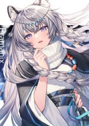 Rule 34 | 1girl, animal ear fluff, animal ears, arknights, braid, cat ears, cat tail, character name, circlet, commentary request, coyucom, dutch angle, grey hair, long braid, pramanix (arknights), purple eyes, scarf, smile, snow leopard, solo, tail, twin braids
