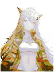 Rule 34 | 1girl, animal ear fluff, animal ears, arknights, bandeau, breasts, closed mouth, collarbone, commentary request, grey eyes, hair between eyes, hair ornament, hairclip, highres, jacket, lappland (arknights), light smile, long hair, long neck, looking at viewer, medium breasts, navel, open clothes, open jacket, runamonet, scar, scar across eye, simple background, solo, strapless, tube top, twitter username, upper body, very long hair, white background, white hair