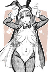 Rule 34 | animal ears, bow, bowtie, breasts, crotchless, crotchless pantyhose, dagashi (place), detached collar, fake animal ears, habit, heart maebari, heart pasties, highres, large breasts, maebari, meme attire, navel, navel piercing, nijisanji, nun, pantyhose, pasties, piercing, rabbit ears, rabbit pose, reverse bunnysuit, reverse outfit, shrug (clothing), sister claire, sweat, virtual youtuber, wrist cuffs