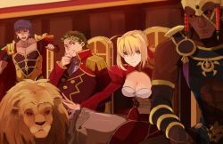 Rule 34 | &gt;:), &gt;:o, 1girl, 3boys, :o, abs, armor, black sclera, blonde hair, breasts, brown hair, caligula (fate), chest harness, cleavage, cleavage cutout, clothing cutout, collarbone, colored sclera, dark skin, earrings, epaulettes, fat, fat man, fate/grand order, fate (series), green eyes, grin, hair ribbon, harness, hat, hsin, jewelry, juliet sleeves, gaius julius caesar (fate), large breasts, laurel crown, lion, long sleeves, looking at viewer, military, military uniform, multiple boys, nero claudius (fate), nero claudius (fate) (all), nero claudius (fate/extra), open mouth, pauldrons, puffy sleeves, purple hair, red eyes, ribbon, romulus (fate), shoulder armor, sitting, smile, throne, toned, toned male, trait connection, uniform, v-shaped eyebrows