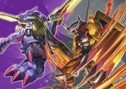 Rule 34 | armor, blue armor, claws, colored skin, commentary request, crotch plate, cyborg, digimon, digimon card game, dragon, energy wings, fire, green eyes, helmet, highres, horns, mechanical wings, metalgarurumon, muscular, official art, orange armor, orange skin, red eyes, red hair, sasasi, second-party source, sharp teeth, short hair, shoulder armor, shoulder cannon, spiked hair, spikes, teeth, tonami kanji, wargreymon, wings, wolf