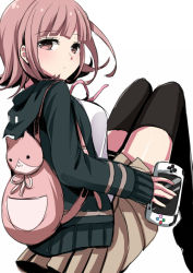 Rule 34 | 1girl, animal bag, backpack, bag, black thighhighs, breasts, brown skirt, cat bag, closed mouth, commentary request, danganronpa (series), danganronpa 2: goodbye despair, feet out of frame, flipped hair, grey background, handheld game console, holding, holding handheld game console, hood, hood down, hooded jacket, jacket, knees up, long legs, long sleeves, looking at viewer, medium breasts, nanami chiaki, neck ribbon, nico (nico alice), open clothes, open jacket, pink bag, pink eyes, pink hair, pink ribbon, pleated skirt, ribbon, shirt, short hair, simple background, skirt, solo, thighhighs, zettai ryouiki