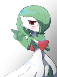 Rule 34 | 1girl, absurdres, blush, bob cut, closed mouth, colored skin, cowboy shot, creatures (company), female focus, flat chest, game freak, gardevoir, gen 3 pokemon, gradient background, green hair, green skin, hair over one eye, half-closed eyes, hand on own chest, hands up, highres, lettuce no hito, looking to the side, multicolored skin, nintendo, one eye covered, pointing, pokemon, pokemon (creature), red eyes, short hair, simple background, solo, split mouth, standing, two-tone skin, white background, white skin