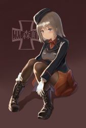 Rule 34 | 1girl, absurdres, black footwear, black hat, black jacket, black pantyhose, blue eyes, blush, boots, closed mouth, commentary, cross-laced footwear, dress shirt, emblem, frown, full body, garrison cap, girls und panzer, gloves, hat, highres, insignia, itsumi erika, jacket, kuromorimine (emblem), kuromorimine military uniform, lace-up boots, light blush, long sleeves, looking at viewer, medium hair, military, military hat, military uniform, miniskirt, pantyhose, pleated skirt, red shirt, red skirt, shadow, shirt, silver hair, sitting, skirt, unicron (brous), uniform, white gloves, wing collar