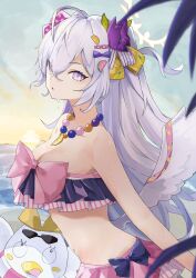 Rule 34 | 1girl, absurdres, ahoge, azusa (blue archive), beach, bead necklace, beads, bikini, blue archive, blush, breasts, chankuro, frilled bikini, frills, halo, highres, jewelry, light purple hair, looking at viewer, medium breasts, navel, necklace, outdoors, peroro (blue archive), purple eyes, solo, strapless, strapless bikini, swimsuit, white wings, wings