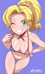 Rule 34 | 1girl, american flag bikini, bikini, blonde hair, blue eyes, breasts, chicago-x, cleavage, covered erect nipples, digimon, digimon universe: appli monsters, female focus, flag print, hand on own hip, highres, kibayashi erena, looking at viewer, one eye closed, ponytail, smile, solo, swimsuit, wink
