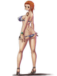 Rule 34 | 1girl, ass, bangle, bikini, blush, bracelet, breasts, butt crack, forehead, from behind, full body, high heels, highres, jewelry, kneepits, large breasts, log pose, nami (one piece), oil, one piece, one piece: strong world, orange hair, shiny skin, shoes, side-tie bikini bottom, simple background, solo, standing, sueyuu, swimsuit, tattoo, thighs