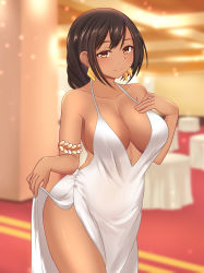 Rule 34 | 1girl, armlet, azur lane, backless outfit, bare shoulders, black hair, blurry, blurry background, breasts, brown eyes, commentary, dark-skinned female, dark skin, dining room, dress, earrings, english commentary, highres, jewelry, jifuwabe, large breasts, long hair, looking at viewer, native american, see-through, smile, solo, south dakota (azur lane), south dakota (solo concert) (azur lane), tan, white dress