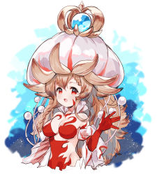 Rule 34 | 1girl, :d, braid, braided bangs, breasts, brown hair, charybdis (granblue fantasy), commentary request, copyright request, cropped torso, facial mark, granblue fantasy, groin, hair between eyes, hand up, hat, highres, long hair, looking at viewer, medium breasts, meito (maze), navel, open mouth, orb, red eyes, see-through, smile, solo, upper body, very long hair, white hat