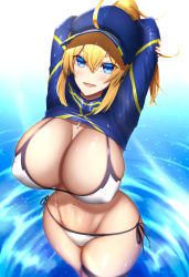 Rule 34 | 1girl, ahoge, arms behind head, artoria pendragon (fate), baseball cap, bikini, blonde hair, blue eyes, blush, breasts, covered erect nipples, cropped jacket, fate/grand order, fate (series), hair between eyes, hair through headwear, hat, highres, large breasts, long hair, looking at viewer, mysterious heroine x (fate), mysterious heroine xx (fate), nail polish, navel, partially submerged, ponytail, shiroshisu, shrug (clothing), smile, solo, swimsuit