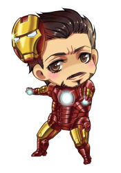 Rule 34 | 1boy, animification, armor, avengers (series), blush, blush stickers, brown eyes, brown hair, chibi, facial hair, iron man, male focus, marvel, marvel cinematic universe, mask, mustache, power armor, simple background, solo, superhero costume, tony stark, white background, xkbyzqz