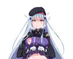 Rule 34 | 1girl, ^^^, bad id, bad pixiv id, black hat, blunt bangs, breasts, clenched teeth, clothes writing, cross, cross hair ornament, facial mark, girls&#039; frontline, gloves, hair ornament, hat, high collar, hk416 (girls&#039; frontline), iron cross, long hair, long sleeves, medium breasts, motion lines, navel, nipple slip, nipples, no bra, open mouth, out-of-frame censoring, plaid, plaid skirt, purple skirt, saliva, shaded face, simple background, skirt, solo, straight hair, sweat, takanaru, tearing up, tears, teeth, torn clothes, upper body, upper teeth only, very long hair, white background, white gloves