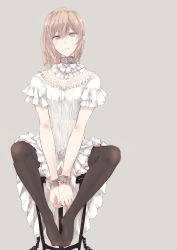 Rule 34 | 1girl, beige background, between breasts, black thighhighs, blonde hair, bracelet, breasts, chain, clothes between breasts, collar, cuffs, dress, elf, expressionless, feet, frilled dress, frills, full body, grey background, grey eyes, hair between eyes, highres, jewelry, looking at viewer, no shoes, original, pointy ears, short sleeves, simple background, sitting, small breasts, solo, spread legs, stool, thighhighs, touma kisa, v arms, white dress