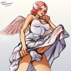 Rule 34 | 1girl, angel, artist name, blue eyes, blush, breasts, bulge, cecilia, cleavage, dated, dress, erection, erection under clothes, futanari, hair ornament, huge penis, lingerie, mina cream, panties, penis, pink hair, short hair, simple background, skirt, solo, testicles, underwear, upskirt, white neckwear, wings