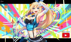 Rule 34 | 1girl, :d, arm up, armpits, artist name, black ribbon, black skirt, blonde hair, blue eyes, blue flower, breasts, character name, choker, cleavage, commentary request, cowboy shot, detached collar, elbow gloves, floating hair, flower, gloves, hair between eyes, highres, letterboxed, long hair, medium breasts, midriff, miniskirt, mirai akari, mirai akari project, navel, neck ribbon, open mouth, outside border, pleated skirt, ribbon, sakiyamama, side ponytail, signature, skirt, smile, solo, sparkle, standing, stomach, suspender skirt, suspenders, very long hair, virtual youtuber, w, white gloves, youtube