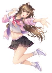 Rule 34 | 1girl, :d, animal ear fluff, animal ears, bare legs, black sailor collar, black skirt, blush, breasts, brown eyes, brown hair, cat ears, collarbone, crop top, floating hair, full body, hair ornament, hand up, holding, holding microphone, jacket, leg up, long hair, long sleeves, looking at viewer, medium breasts, microphone, midriff, miniskirt, navel, neckerchief, noda shuha, open clothes, open jacket, open mouth, original, outstretched arm, pink jacket, pleated skirt, purple footwear, sailor collar, school uniform, serafuku, shirt, shoes, simple background, skirt, smile, sneakers, socks, solo, stomach, thighs, white background, white shirt, white socks