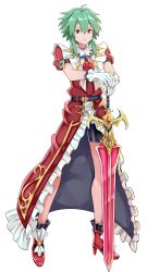 Rule 34 | 1girl, asellus (saga frontier), bad id, bad pixiv id, closed mouth, dress, flower, full body, gloves, green hair, high heels, highres, looking at viewer, okken, red eyes, red flower, red rose, romancing saga re;universe, rose, saga, saga frontier, short hair, simple background, solo, sword, transparent background, weapon, white background