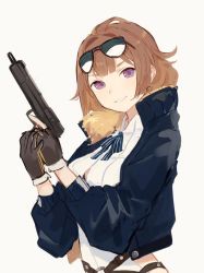 Rule 34 | 1girl, ahoge, aviator sunglasses, bad id, bad twitter id, brown gloves, brown hair, cowboy shot, eyewear on head, girls&#039; frontline, gloves, grizzly mkv (girls&#039; frontline), gun, handgun, jacket, l.a.r. manufacturing, lar grizzly win mag, looking at viewer, neck ribbon, pistol, purple eyes, ribbon, smile, solo, sunglasses, tarouoga, weapon