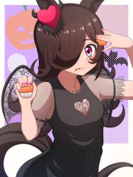Rule 34 | 1girl, animal ears, black dress, black wings, brown hair, closed mouth, clothing cutout, commentary, cupcake, dress, fake wings, food, food on face, hair ornament, hair over one eye, halloween, halloween costume, heart, heart cutout, heart hair ornament, highres, hokuyukis, holding, holding food, horse ears, horse girl, horse tail, jack-o&#039;-lantern, licking lips, long hair, looking at viewer, pleated dress, purple eyes, rice shower (umamusume), see-through, see-through sleeves, short sleeves, smile, solo, standing, tail, tongue, tongue out, umamusume, wings